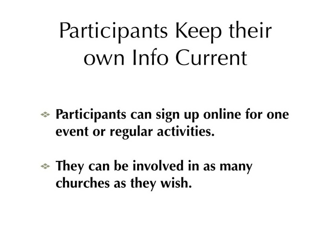 Text: Participants keep their own info current. Participants can sign up online for one event or regular activities. They can be involved in as many churches as they wish.